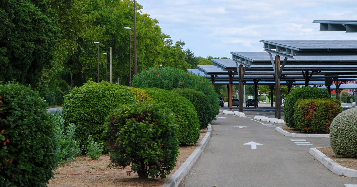 Solar panels on the parking place in Provence, France. Copy space.